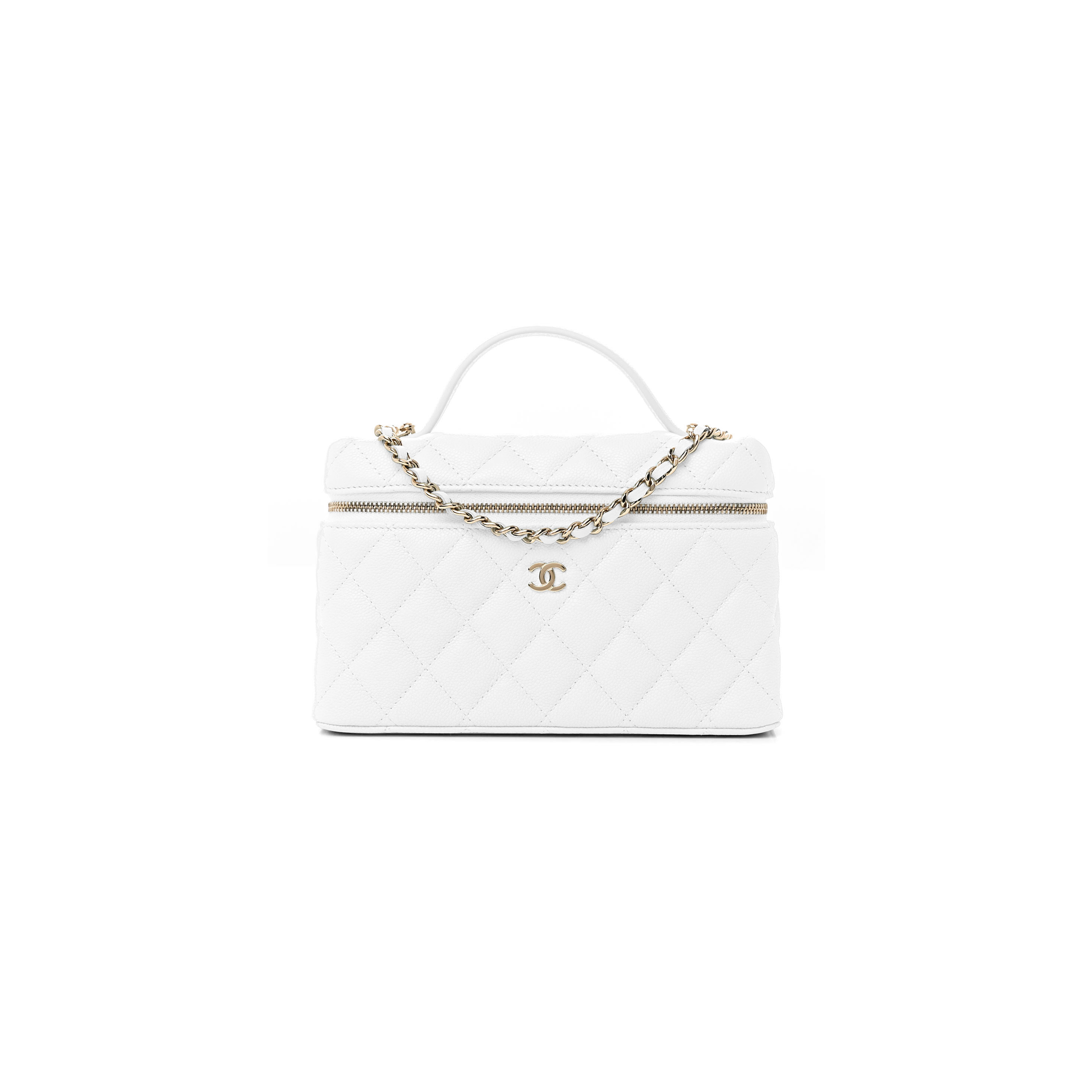 CHANEL CC TOP HANDLE LONG VANITY CASE WITH CHAIN SHINY CAVIAR LIGHT GOLD HARDWARE WHITE AP4385 B10581 (19.5*17*5cm)